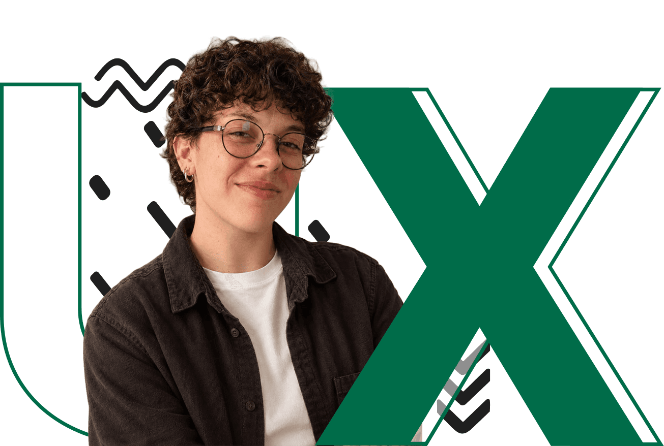 Portrait of Bia Rodrigues, illustrated with UX lettering